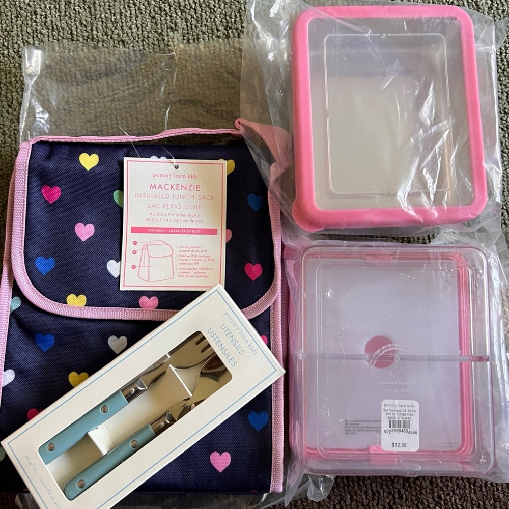 NWT Pottery Barn Kids Lunch Set- Sack, containers, baby blue utensils